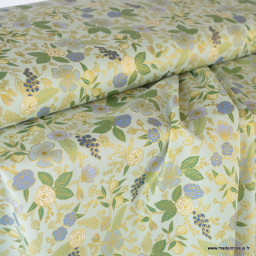 Tissu Rifle Paper Orchard motif petites fleurs métallisées fond vert menthe- Collection Garden Party