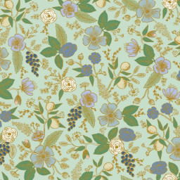 Tissu Rifle Paper Orchard motif petites fleurs métallisées fond vert menthe- Collection Garden Party