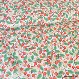 Tissu Rifle Paper motif fleurs de cerisiers et cerises fond écru - Collection Garden Party