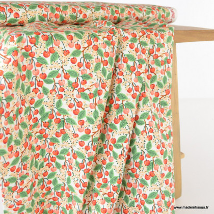 Tissu Rifle Paper motif fleurs de cerisiers et cerises fond écru - Collection Garden Party