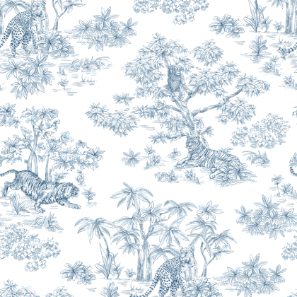 Tissu coton type toile de Jouy Acajou motif tigres, singes et panthère exotique - oeko tex
