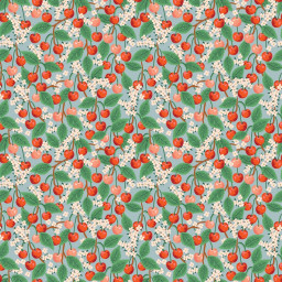 Tissu Rifle Paper motif fleurs de cerisiers et cerises fond vert - Collection Garden Party