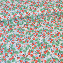 Tissu Rifle Paper motif fleurs de cerisiers et cerises fond vert - Collection Garden Party