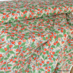 Tissu Rifle Paper motif fleurs de cerisiers et cerises fond vert - Collection Garden Party