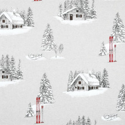 Tissu toile Houches motif chalets, sapins et ski montagne