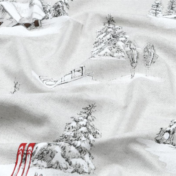 Tissu toile Houches motif chalets, sapins et ski montagne - Naturel