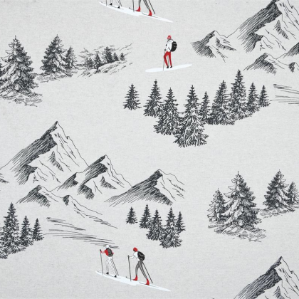 Tissu toile Montet motif sapin, randonneurs et ski montagne - gris anthracite