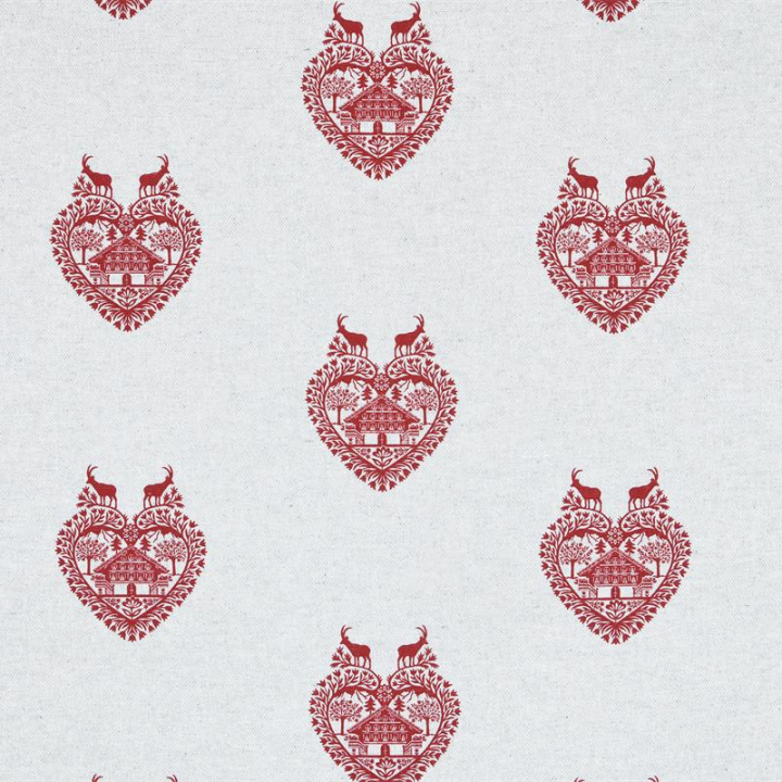 Tissu toile Ruan motif coeurs, chalets et bouquetin Rouge