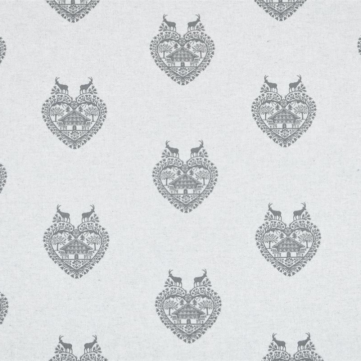 Tissu toile Ruan motif coeurs, chalets et bouquetins - Gris