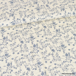 Tissu popeline de Viscose motif fleuri bleu fond blanc cassé