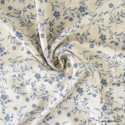 Tissu popeline de Viscose motif fleuri bleu fond blanc cassé