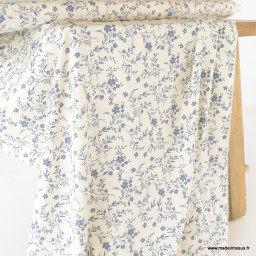 Tissu popeline de Viscose motif fleuri bleu fond blanc cassé