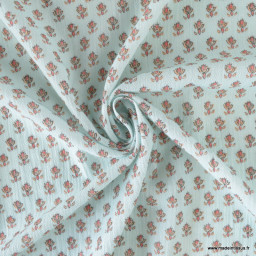 Tissu crêpe de coton motif fleurs Indiennes fond céladon - oeko tex