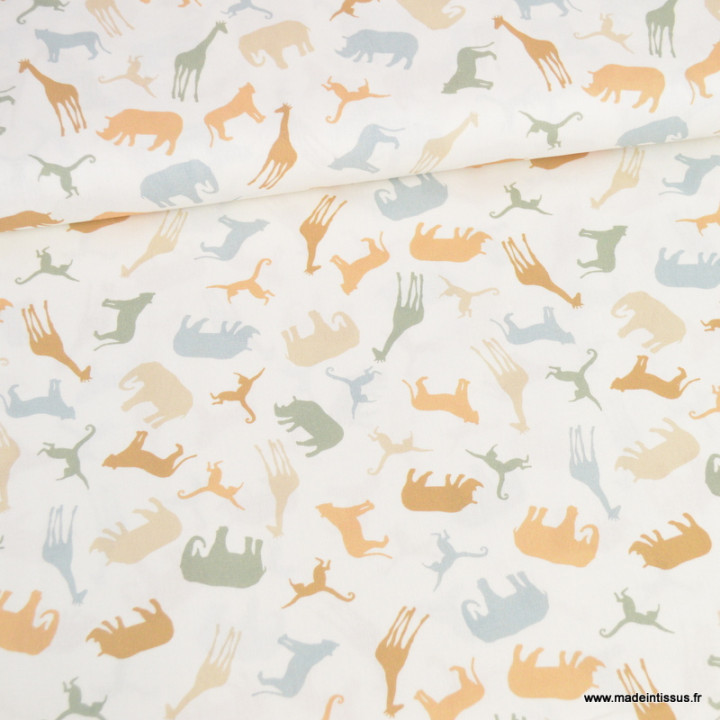 Tissu popeline motifs animaux de la Savane fond blanc cassé - Oeko tex