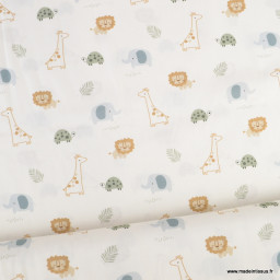 Tissu popeline motifs animaux mignons de la Savane fond blanc cassé - Oeko tex