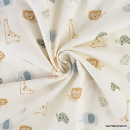 Tissu popeline motifs animaux mignons de la Savane fond blanc cassé - Oeko tex