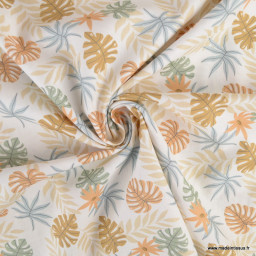 Tissu popeline motifs feuilles exotiques fond blanc cassé - Oeko tex