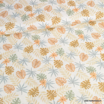 Tissu popeline motifs feuilles exotiques fond blanc cassé - Oeko tex