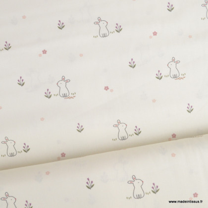 Tissu popeline motifs lapins et petites fleurs fond blanc cassé - Oeko tex
