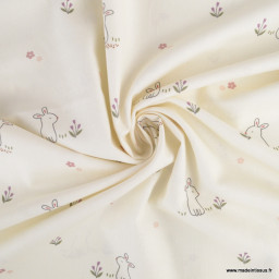 Tissu popeline motifs lapins et petites fleurs fond blanc cassé - Oeko tex