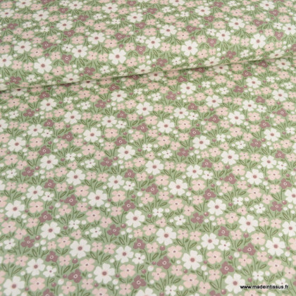 Tissu popeline motif fleurs fond vert olive - Oeko tex