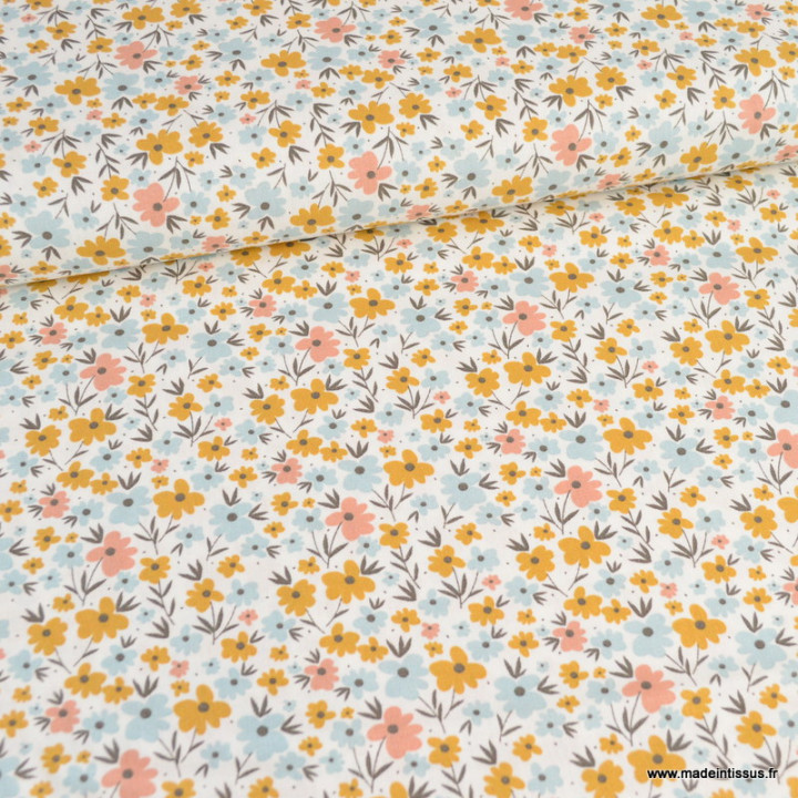 Tissu popeline motif fleurs ocres, roses et bleues fond blanc cassé - Oeko tex