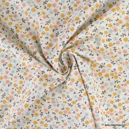 Tissu popeline motif petites fleurs ocres, roses et bleues fond blanc cassé - Oeko tex