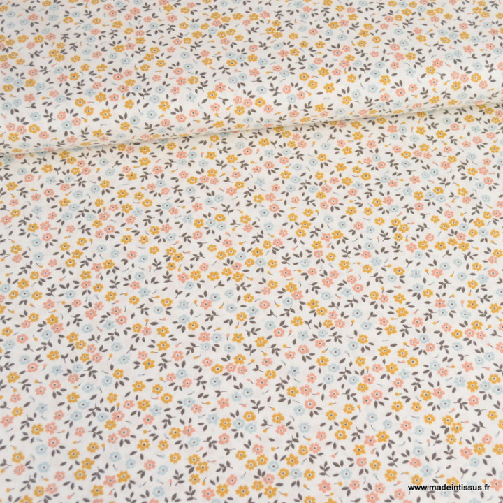 Tissu popeline motif petites fleurs ocres, roses et bleues fond blanc cassé - Oeko tex