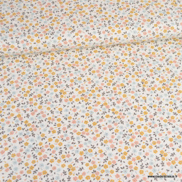 Tissu popeline motif petites fleurs ocres, roses et bleues fond blanc cassé - Oeko tex