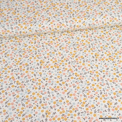Tissu popeline motif petites fleurs ocres, roses et bleues fond blanc cassé - Oeko tex