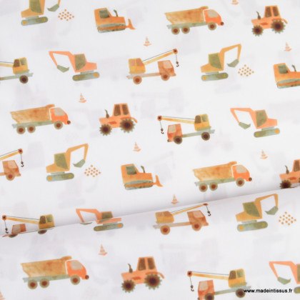 Popeline de coton Poppy motif camions de chantiers oranges fond blanc - oeko tex