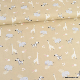 Tissu popeline motifs animaux de la Savane fond beige - Oeko tex