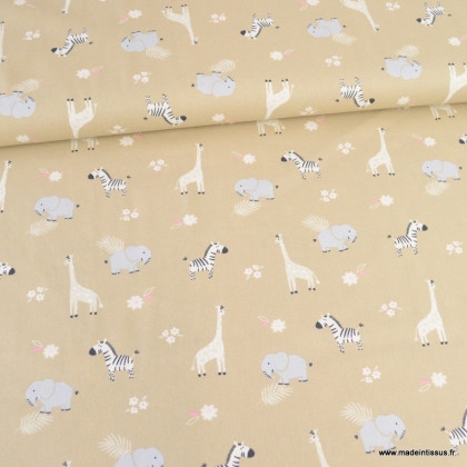 Tissu popeline motifs animaux de la Savane fond beige - Oeko tex