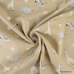 Tissu popeline motifs animaux de la Savane fond beige - Oeko tex