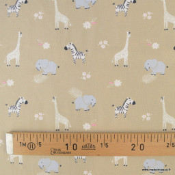 Tissu popeline motifs animaux de la Savane fond beige - Oeko tex