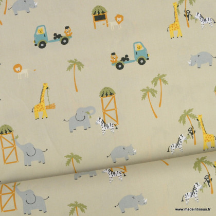 Tissu coton Poppy motifs animaux de la Savane et camions fond beige - Oeko tex