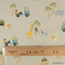 Tissu coton Poppy motifs animaux de la Savane et camions fond beige - Oeko tex