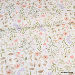 Tissu popeline Poppy motifs Fleurs printanières fond blanc - Oeko tex