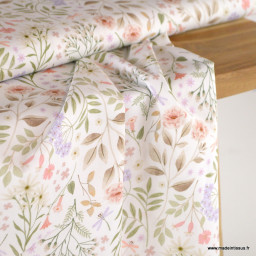 Tissu popeline Poppy motifs Fleurs printanières fond blanc - Oeko tex