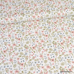 Tissu popeline Poppy motifs Fleurs printanières Kaki fond blanc - Oeko tex