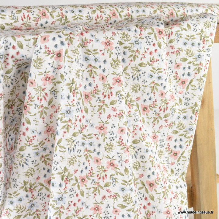 Tissu popeline Poppy motifs Fleurs printanières Kaki fond blanc - Oeko tex