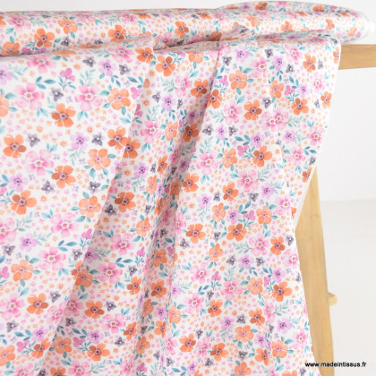 Tissu popeline Poppy Adelaidea motifs Fleurs pastel fond blanc - Oeko tex