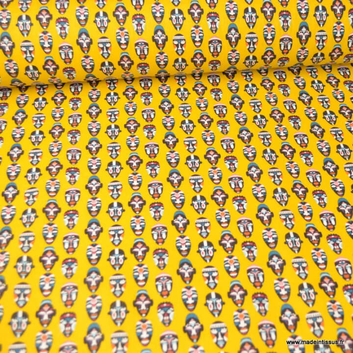 Tissu coton imprimé masques Africains fond jaune - Oeko tex