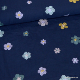 Voile de coton brodé de petites fleurs fond bleu marine - oeko tex