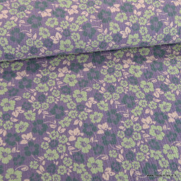 Double gaze jacquard reversible fleuri - 1 côté vert et 1 côté Aubergine