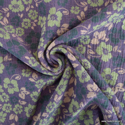 Double gaze jacquard reversible fleuri - 1 côté vert et 1 côté Aubergine