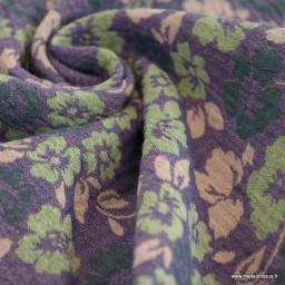 Double gaze jacquard reversible fleuri - 1 côté vert et 1 côté Aubergine