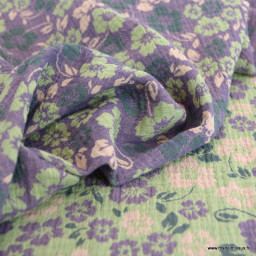 Double gaze jacquard reversible fleuri - 1 côté vert et 1 côté Aubergine