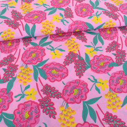 Popeline de coton motif fleuri Fresh Flowers Pink - Nerida Hansen - oeko tex