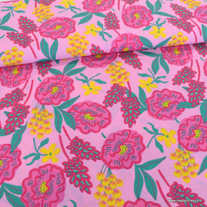 Popeline de coton motif fleuri Fresh Flowers Pink - Nerida Hansen - oeko tex